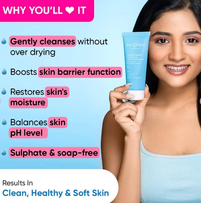 Dot & Key Barrier Repair Hydrating Face Wash, Probiotic & Ceramides, for Normal, Dry & Sensitive Skin, 100ml