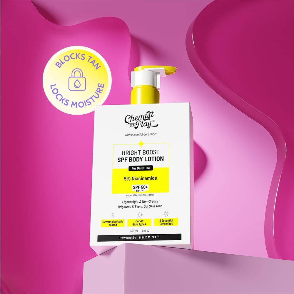 Chemist at Play Bright Boost SPF Body Lotion With 5% Niacinamide & SPF 50+ PA++++ 24 hours Moisturization Lightweight & Non-Greasy Formula 236ml