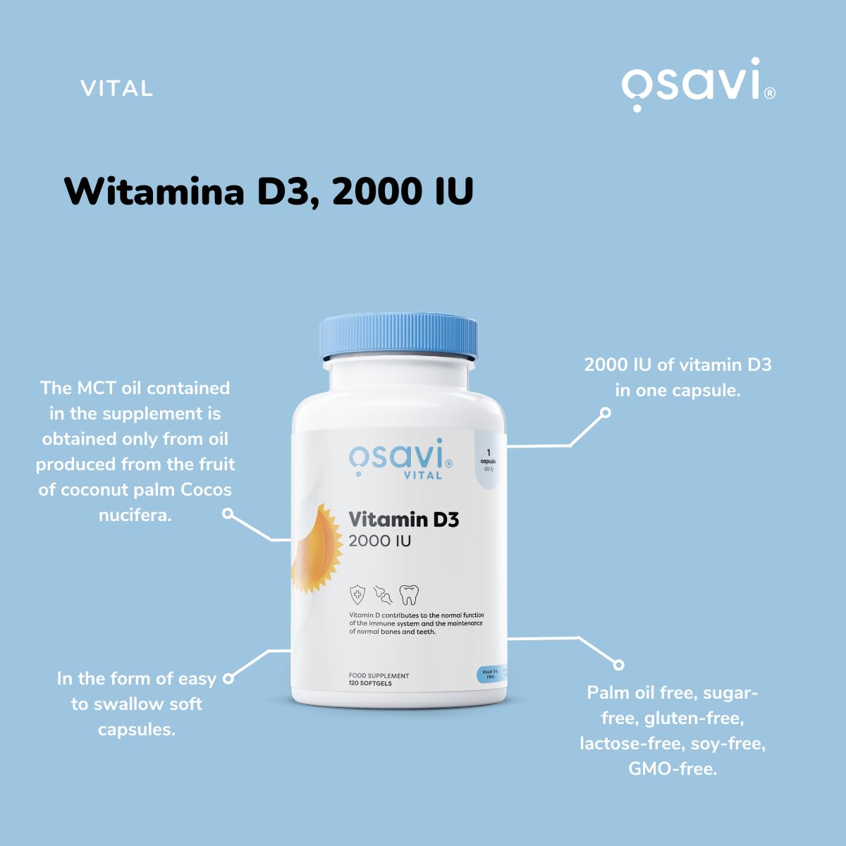 OSAVI Osavi Vitamin D3 2000 IU – 120 Softgels | Supports Immune Function | Bone Health | Muscle Function and Calcium Absorption | Contains Quali®–D | Derived from Natural Lanolin and MCT Oil from Coconut