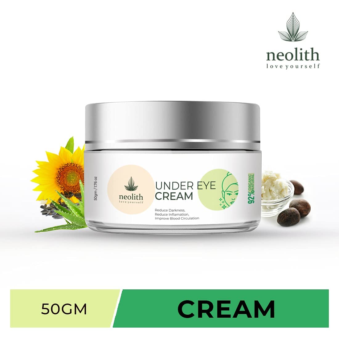 Neolith Under Eye Cream for Dark Circle, Anti Fatigue, Reduces Puffiness, Reduce Wrinkles and Fine lines, with Aloe vera & Kokum Butter | Eco certified Organic & Natural ingredients