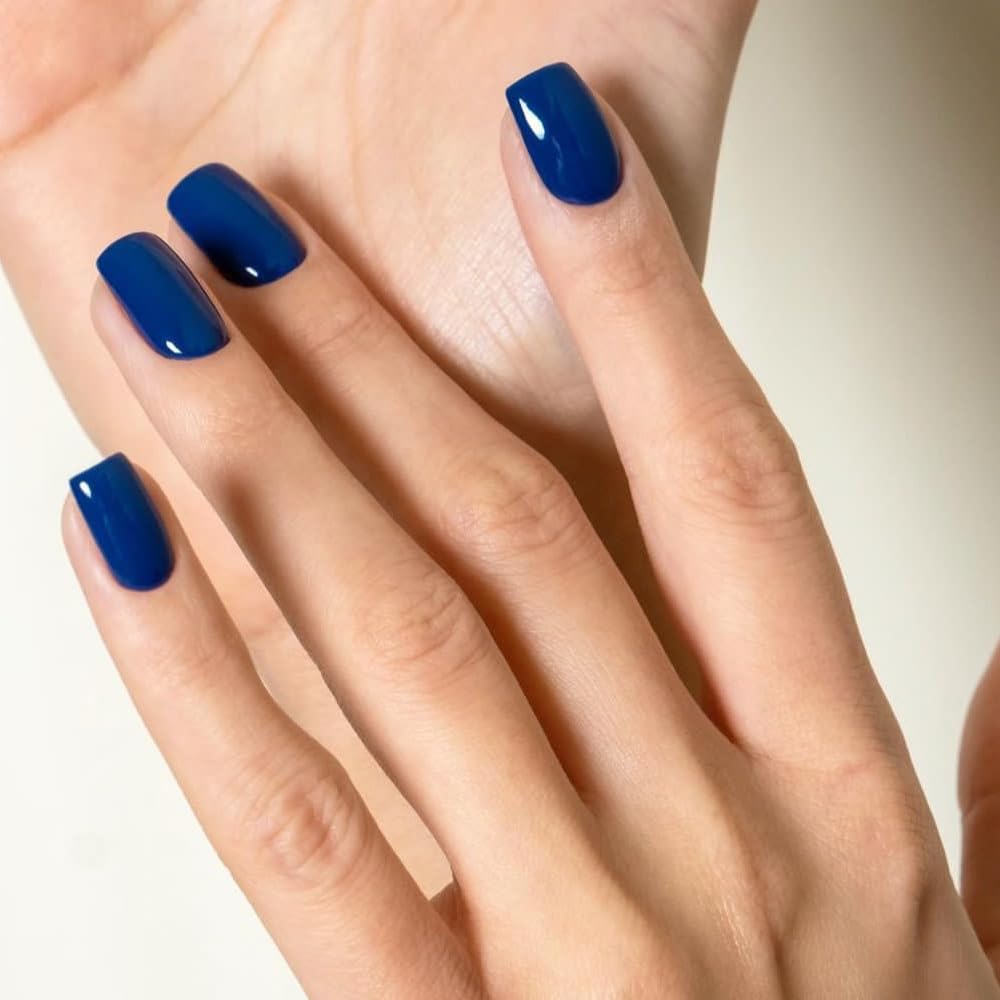 SXVME Royal Blue Press on Nails Short Square Acrylic Short False Nails Coffin Natural Acrylic Fake Nails Set Elegant Solid Color Full Cover Glossy Gel Stick on Nail for Women Daily Wear 24 Pcs
