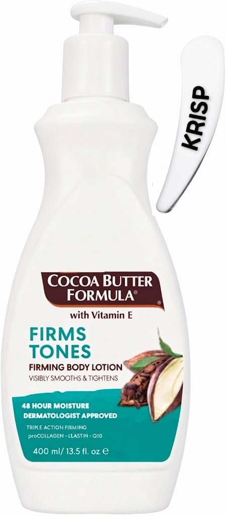 KRISP Cocoa Butter Formula Firming Body Lotion with Vitamin E, Collagen, Q10 & Elastin 400ml – Firms, Tones, Smooths Skin with Cosmetic Spatula – 48H Moisture, For Dry & Ageing Skin