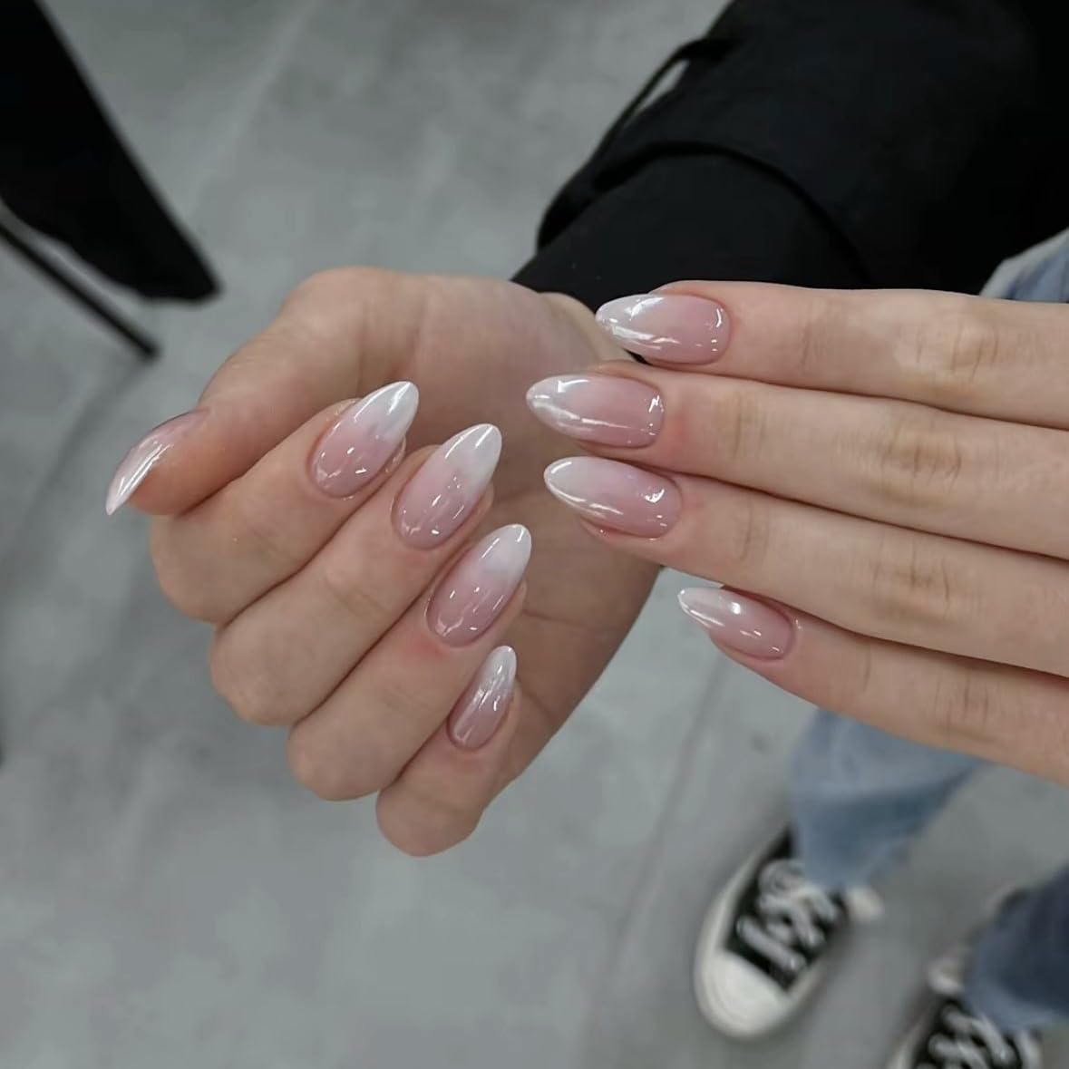 KQueenest Chrome Ombre Pink Press on Nails Almond, French Tip Fake Nails Medium Stiletto, Gradient White Pink False Nails Press ons, Perfectly Fit, Reusable Gel Stick on Nail for Women 24 Pcs
