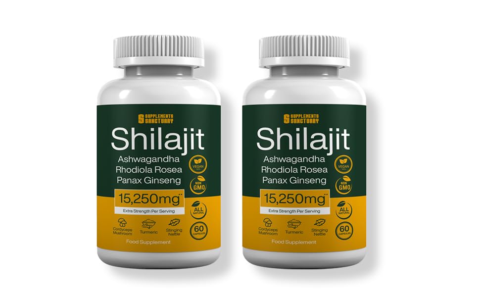 Supplements Sanctuary Shilajit, Ashwagandha, Rhodiola Rosea, Ginseng, Cordyceps Mushroom, Ginkgo Biloba, Nettle, Turmeric- 15,520mg per Serving- 60-180 Vegan Capsules - 60 Servings per tub (1)