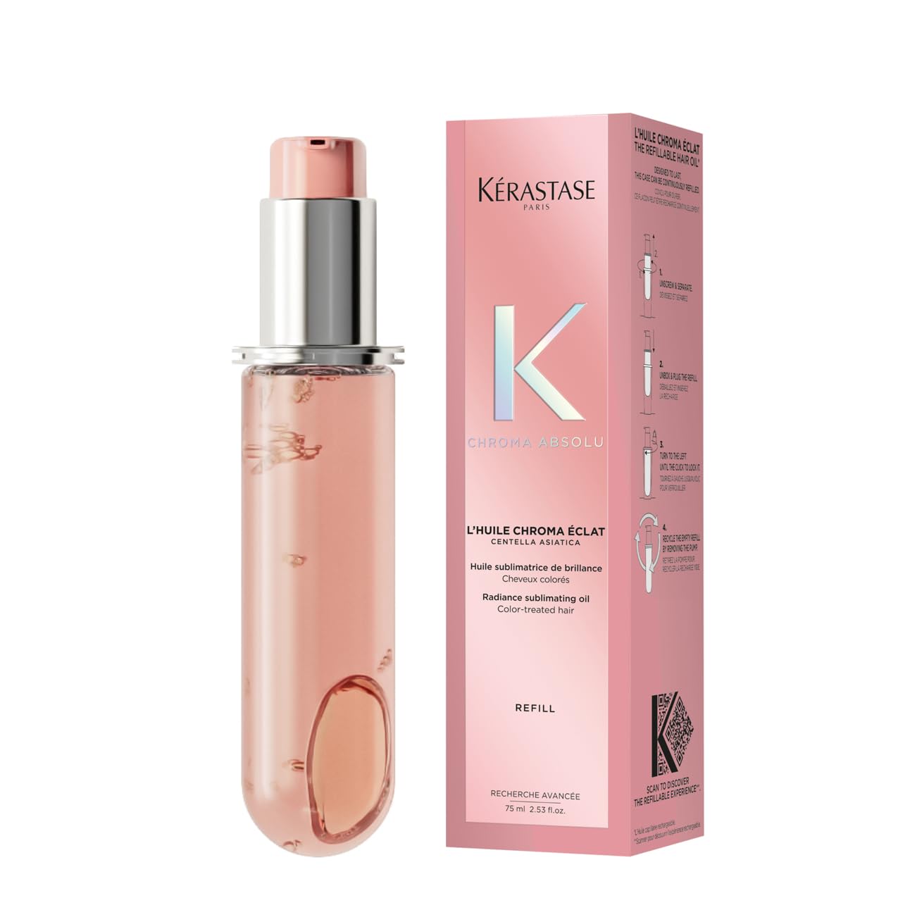 Kérastase Chroma Absolu, High Shine Hair Oil for Damaged Colour-Treated Hair, Lightweight Formula with Lactic Acid, Huile Chroma Éclat, Refill Capsule 75ml