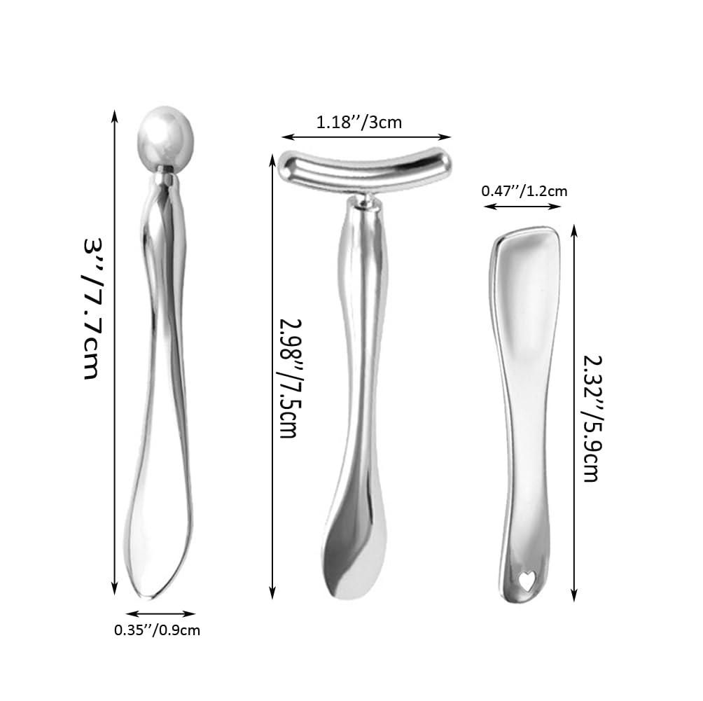 OHEETU 3Pcs Silver Metal Eye and Face Cream Applicators Makeup Cream Spoon Roller Stick T-Shaped Eyes Facial Massager Sticks Cosmetic Skin Care Tools