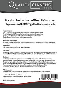 Quality Ginseng Direct REISHI Mushroom - 8,000mg Capsules - Powerful Formula (90 Capsules)