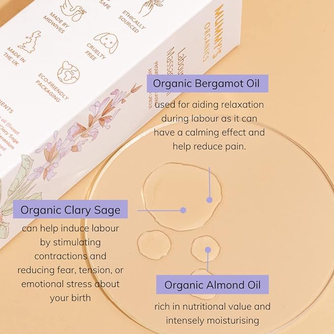 Mummy’s Organics Organic Labour Massage Oil | Clary Sage & Frankincense | Award-Winning | Made by Midwives | Promotes Natural Pain Relief & Relaxation | Essential Pregnancy & Labour Kit | 50ml | Mummy's Organics