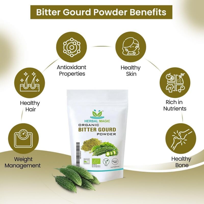 Herbal Magic's Organic Bitter Gourd Powder-Great Green Vegetable-Also Known as Karela, Bitter Melon,Balsam-pear. Free from Fillers & Preservatives- of&G UK Organic Certified- 100g (Pack of 3)