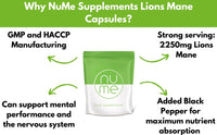 NuMe Supplements Lions Mane 2250mg Supplement | 60 Capsules (2 Months Supply) | GMP HACCP and UK Made | GMO-Free | 50% Polysaccharides Black Pepper for High Absorption Mental Performance Immune System