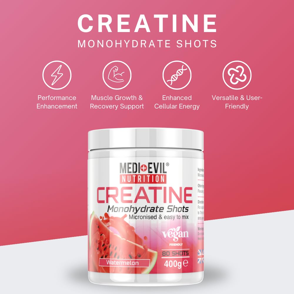 Medi-Evil Nutrition Creatine Monohydrate Powder, Watermelon Flavour, 400g, Micronised for Easy Mixing, Increases Physical Performance