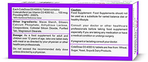 Vitamin D 4000 IU –Equivalent to 100 mcg - ColeDose D3, Premium Vitamin - Easy Swallow 70 Tablets - One a Day
