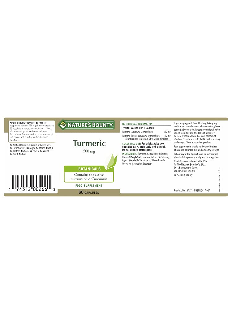 Nature's Bounty Turmeric 500 mg Capsules - Pack of 60 Capsules, Two-a-day - 450mg of Turmeric Root - Contains Curcumin - Gluten Free