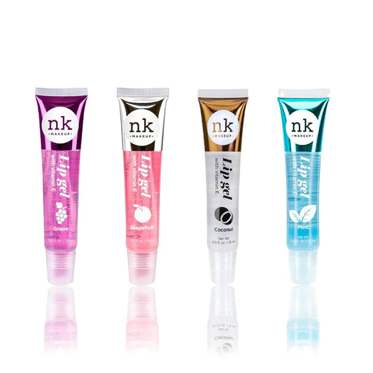 NK lip gloss gel 15ml Vitamin E, Shiny, Nourishes, Grape, Grapefruit, Coconut and Mint flavoured by Nicka K (Multi Pack Of 4).