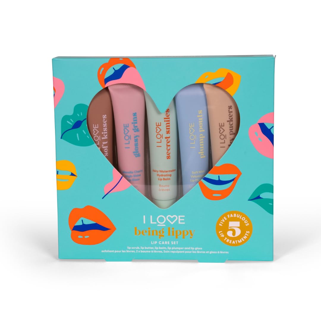 I LOVE I Love Being Lippy Lip Care Set, Includes Lip Scrub, Lip Butter, Lip Balm, Lip Plumper, and Lip Gloss, Fruity and Minty Flavours for Lip Exfoliation, Protection and Long-Lasting Hydration, Pack of 5