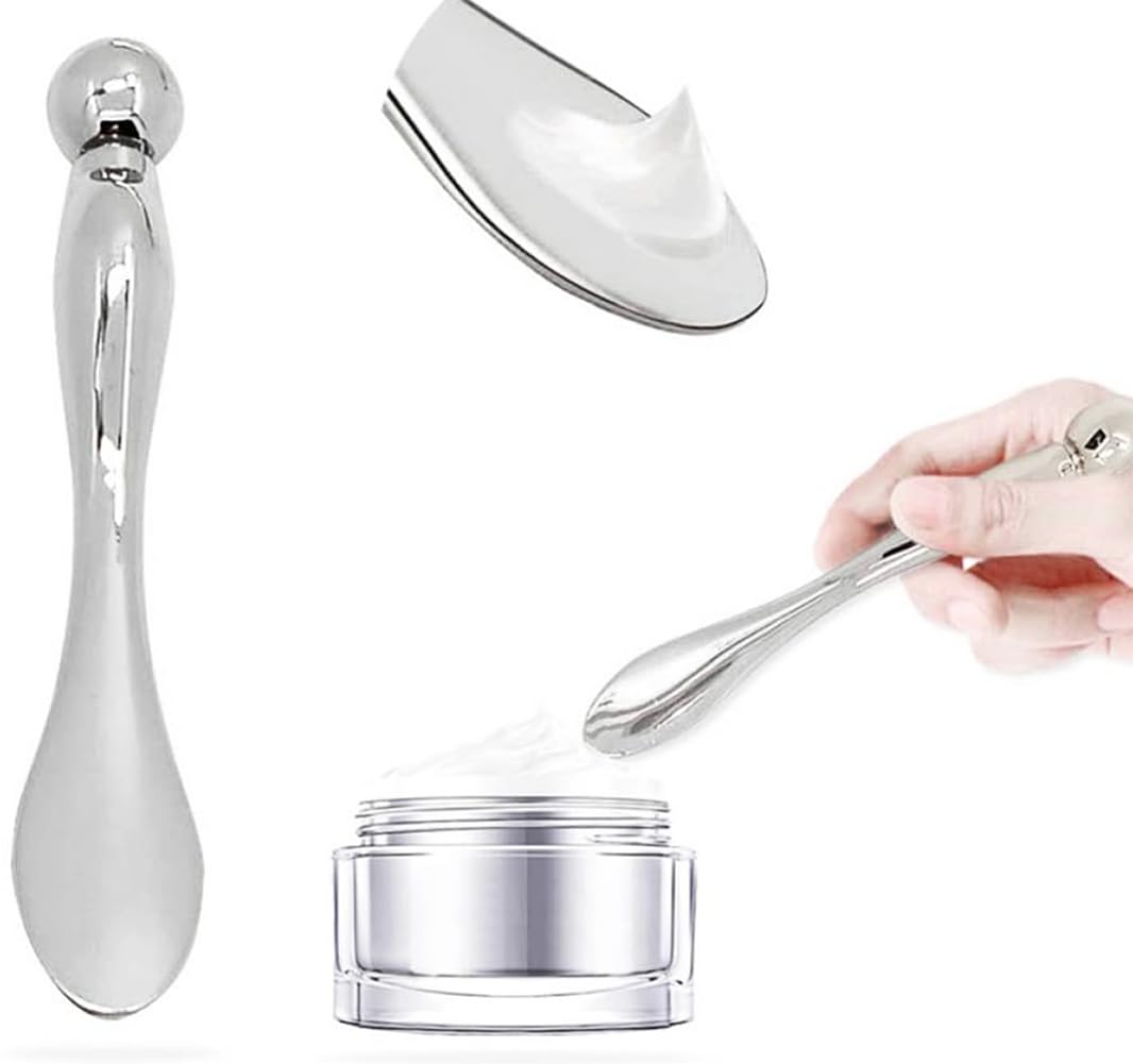 OHEETU 3Pcs Silver Metal Eye and Face Cream Applicators Makeup Cream Spoon Roller Stick T-Shaped Eyes Facial Massager Sticks Cosmetic Skin Care Tools