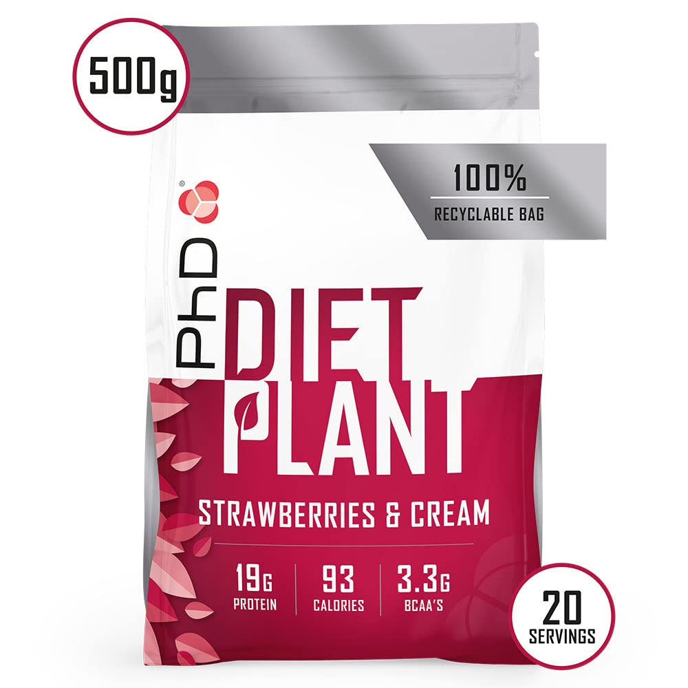 PhD Nutrition Diet Plant, Vegan Protein Powder Plant Based, Strawberries and Cream, 19g of Plant Protein, 20 Servings Per 500g Bag