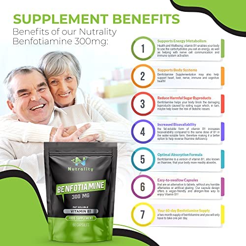 Nutrality Benfotiamine Supplement 300mg 60 Caps-Fat-Soluble Vitamin B1 for Heart, Kidney, Antioxidant Boost, Cognitive Enhancement, and Energy Increase -Vegans Friendly and Allergen-free