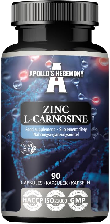 Zinc L-Carnosine 37.5 mg per Capsule - 90 Vegan Capsules - 3 Months Supply - for Skin, Hair & Nail Health - Supplement by Apollo's Hegemony