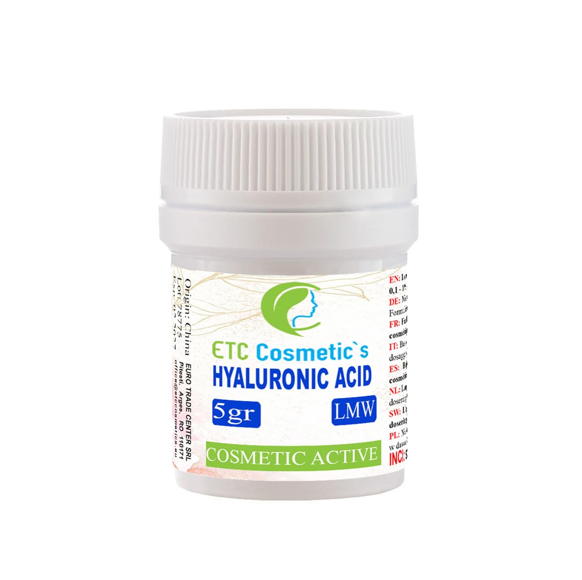 ETC Cosmetic`s HYALURONIC Acid Powder- 5g LMW (Low Molecular Weight) 100% Natural & Strong Anti-Aging,Wrinkle-Filler