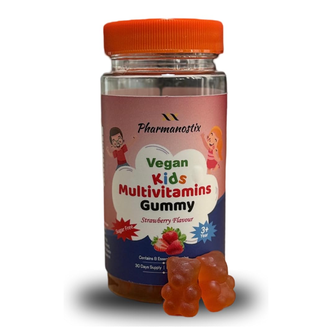 Pharmanostix Kids Multivitamins Gummies, Sugar-Free, 30 Vegan Gummies, Strawberry Flavour, Bear-Shaped, Vitamins A, C, D, B6, B12, Zinc & Selenium,