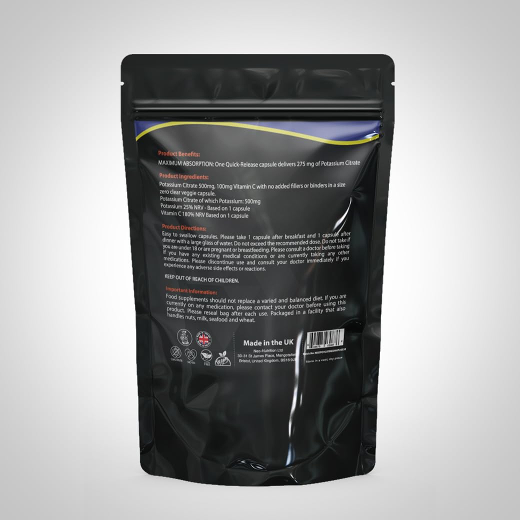 NEO-NUTRITION Potassium Supplement High Strength 1200mg with Vitamin C | Electrolyte Tablets | Potassium Citrate | 60 Count | 100% Vegan NEO NUTRITION