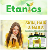 Etanics Skin, Hair & Nails with Biotin & Vitamins A, C & E – 60 Tablets Beauty Supplements with Vitamin C & Biotin for Men and Women – Vegan and Vegetarian – Etanics - Made in The UK