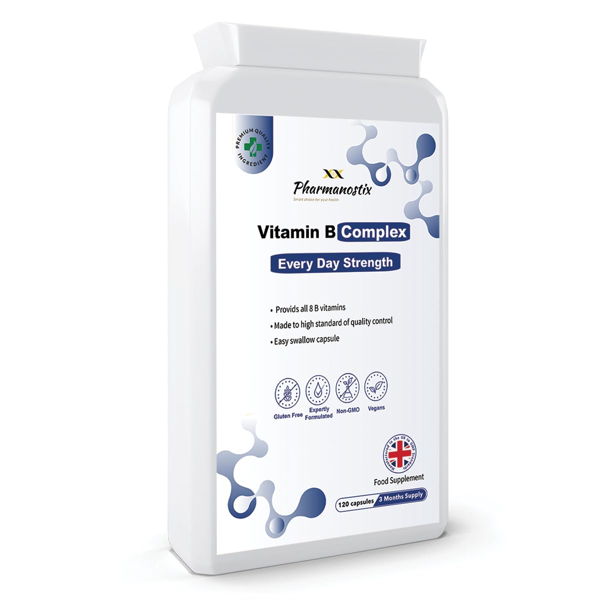 Pharmanostix Vitamin B Complex, 120 Vegan Capsules, Minimum 100 NRV Daily Supplement, Includes Essential Multi B-Vitamins B1, B2, B3, B5, B6, B12, Biotin, Folic Acid & PABA