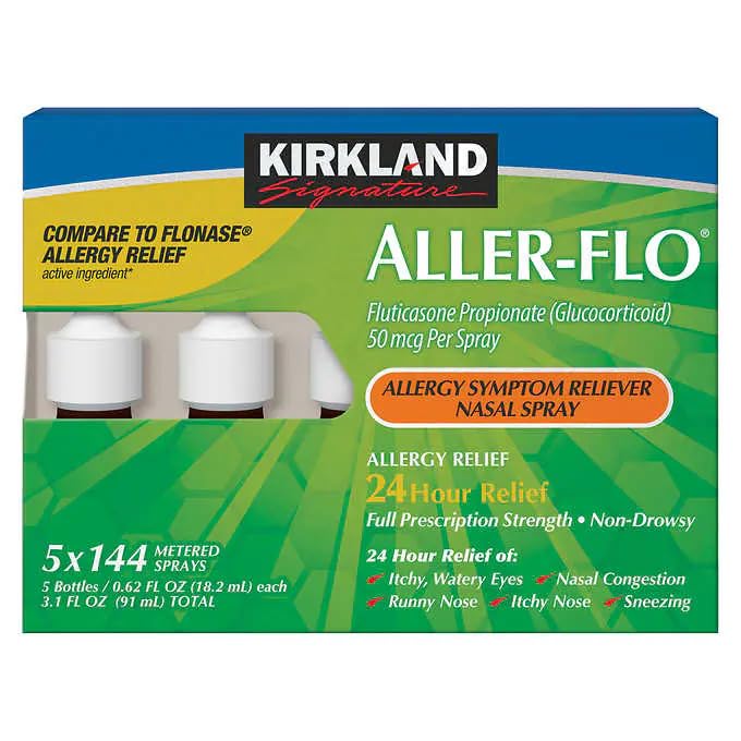 Kirkland Signature Aller-Flo Fluticasone Propionate (Glucorticoid) 5 Bottles x 144 Metered Sprays 0.62 Fl OZ per Bottle, 700 Total Sprays, 1-Pack