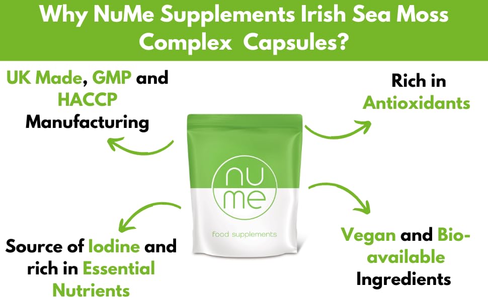 NuMe Supplements NuME Supplements Vegan Irish Sea Moss, Burdock Root and Bladderwrack Capsules - 60 Capsules - 2 Months Supply - UK Made - GMP & HACCP Approved