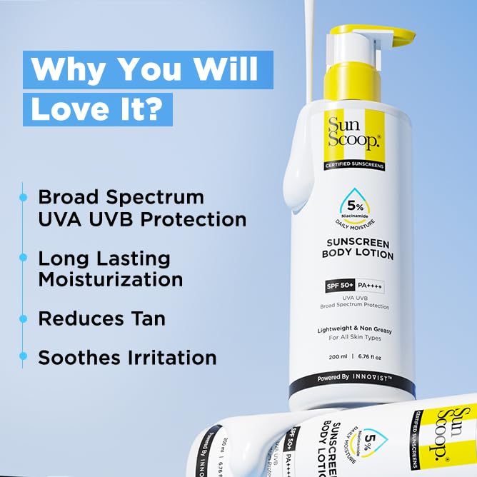 SunScoop 5% Niacinamide Body Sunscreen SPF 50+ PA++++ | Ceramides & Oat Extract | Broad Spectrum UVA UVB | No White Cast | 24hr Moisture | Non-Greasy Body Lotion | All Skin Types | 200ml