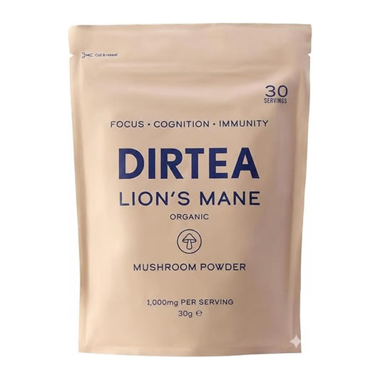 DIRTEA Lions Mane Mushroom Powder | 100% Organic | Vegan | Non GMO | Cognitive Function Support and Memory Booster Nootropic - Premium Lion's Mane Extract | Pouch 60g - 30 Day Serving