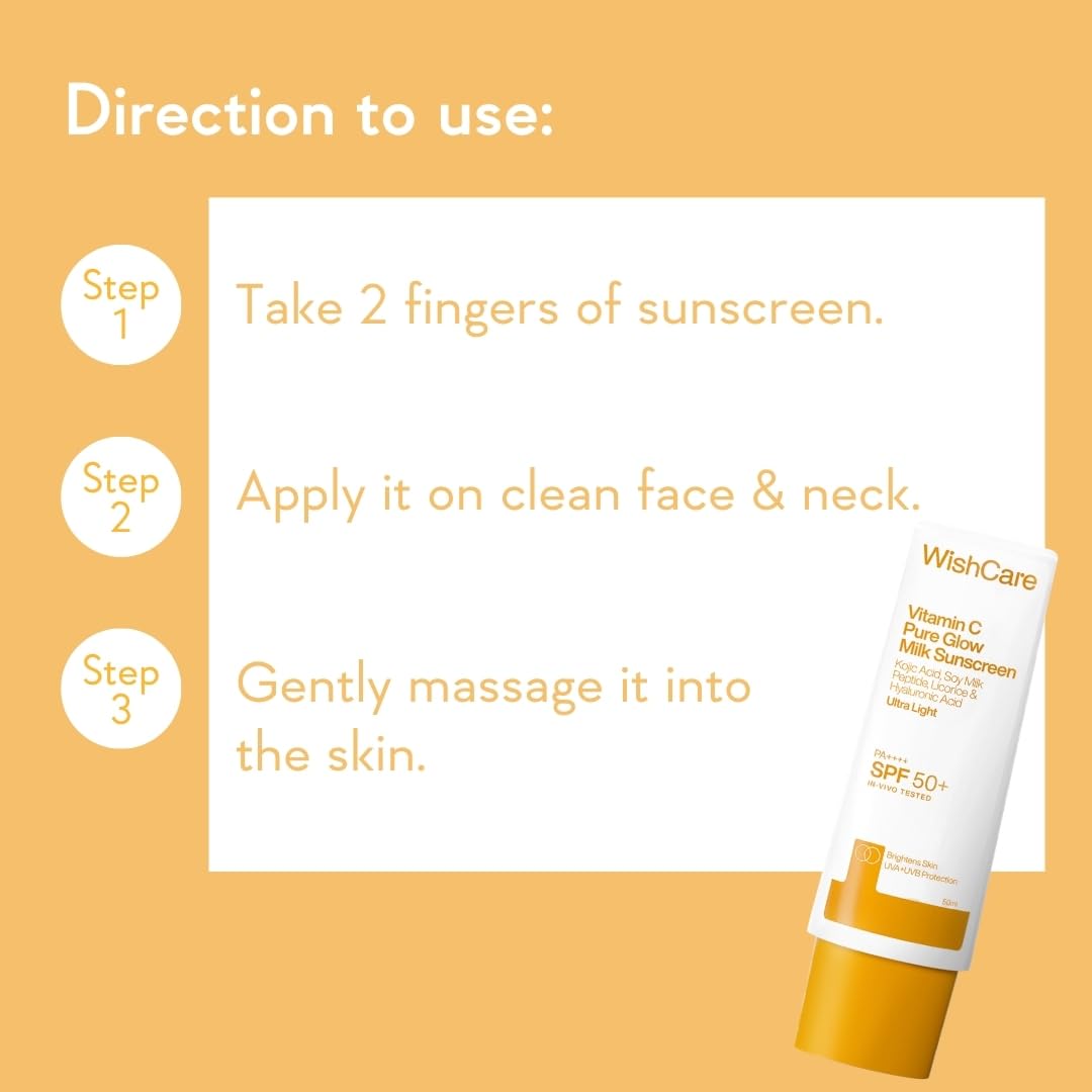 WishCare Vitamin C Pure Glow Milk Sunscreen SPF 50 PA++++ for Glowing Skin - Broad Spectrum Light Weight Sunscreen SPF 50 for Dry Skin & Oily Skin 50g