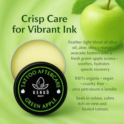 Kenko Beauty Tattoo Aftercare 30g | Keeps Tattooed Skin Hydrated & Bacteria Free! | Vegan and Organic Tattoo Cream (Green Apple)