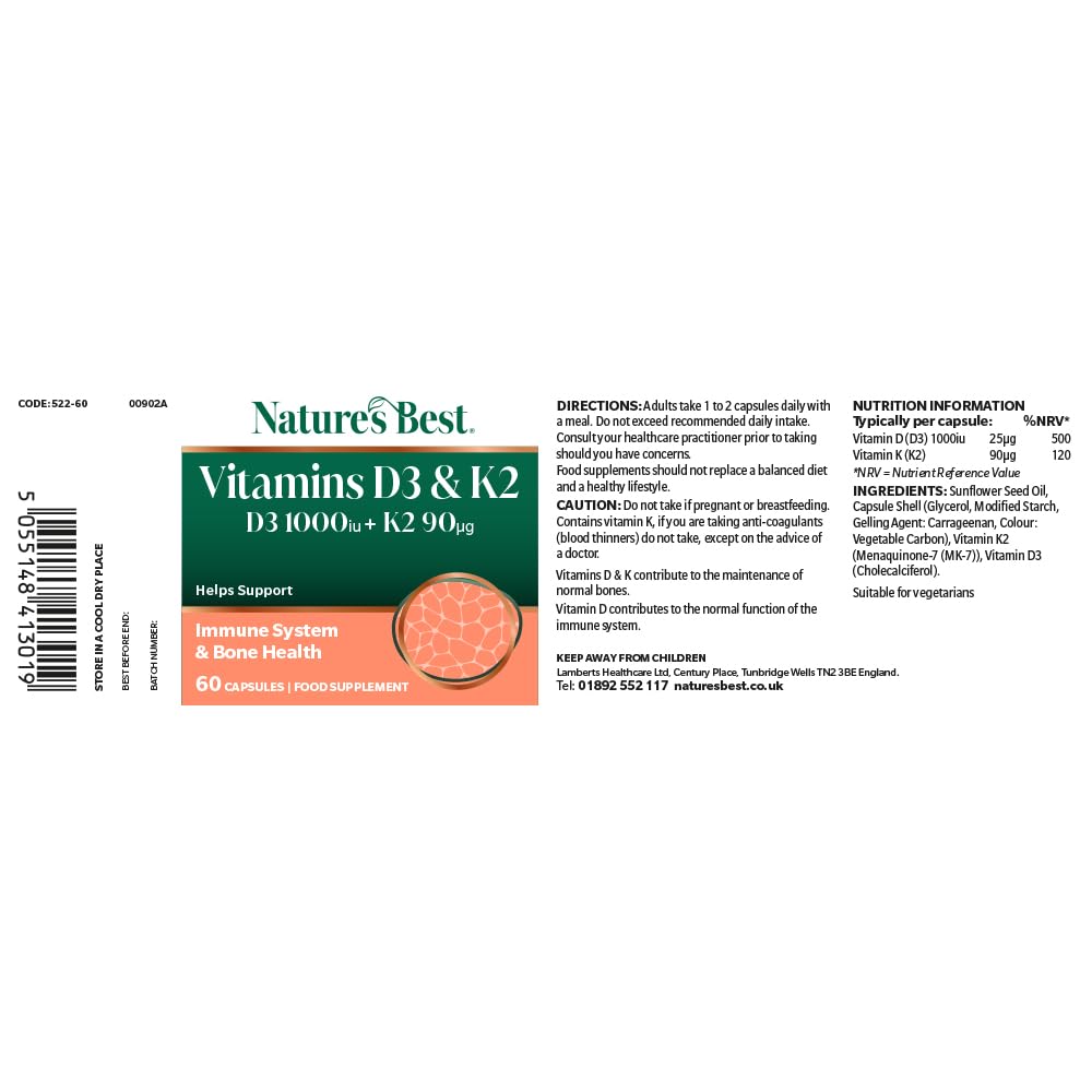 NATURE'S BEST Nature's Best Bone & Immune Boost - High Strength Vitamin D3 1000iu & K2 90µg - Optimal Support for Bones, Teeth, and Immune Function - UK Made - 60 Capsules (2 Months' Supply)