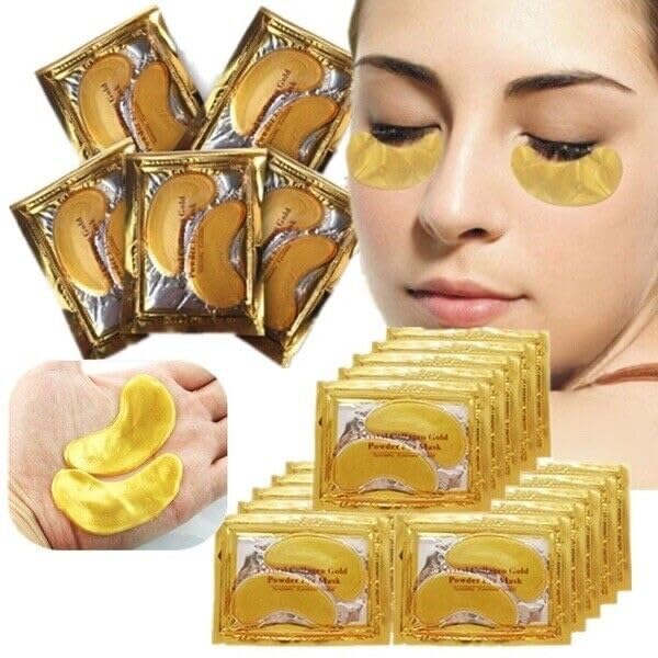 Tomsey 10 Pair Eye Masks & 10 Lip Masks Crystal Collagen 24k Gold Under Eye Gel Pad Face Mask Anti Aging Wrinkle Gel Lip Plumping Patches, Vegan Cruelty-Free Self Care Beauty