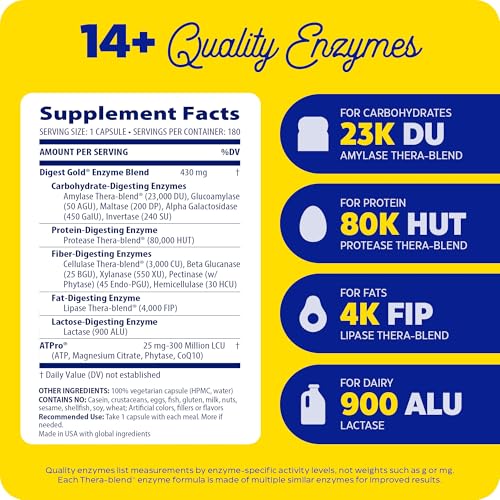 Enzymedica - Digest Gold with ATPro, Daily Digestive Support Supplement with Enzymes and ATP, 180 Capsules
