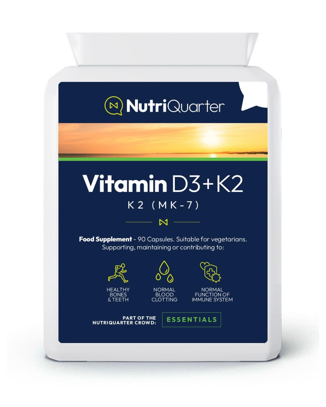 NutriQuarter Vitamin D3 & K2 – 3000 IU D3 & 100 µg K2 MK-7 – Supports Bone & Immune Health – 90 Vegetarian Capsules – UK Made