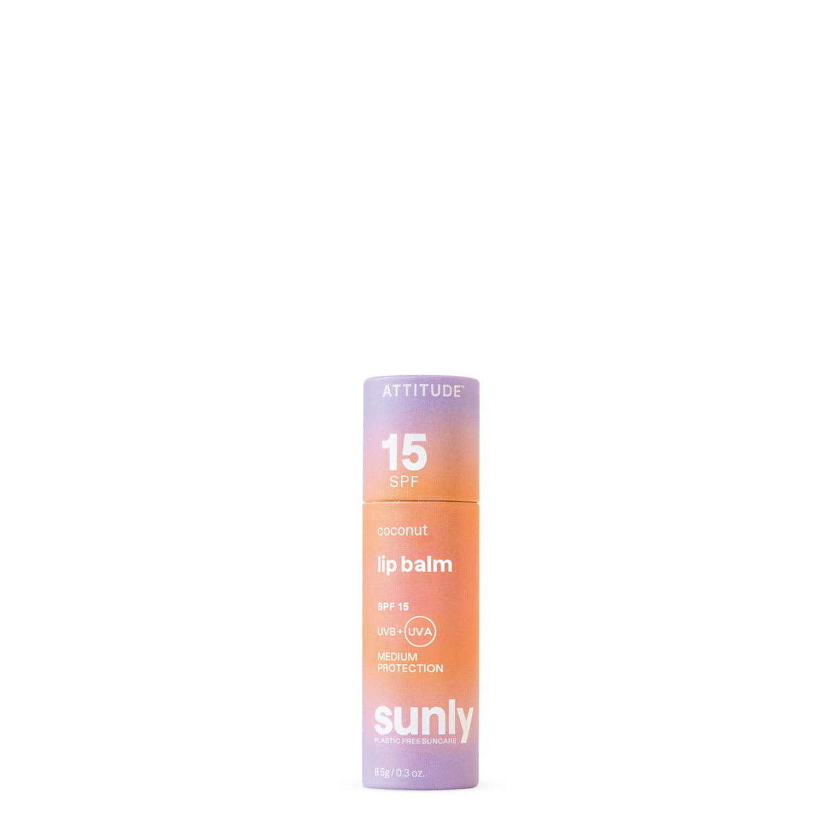 ATTITUDE Plastic-free Lip Balm with Sun Protection SPF 15, EWG Verified, Plant- and Mineral-Based Ingredients, Vegan, Coconut, 8.5 g