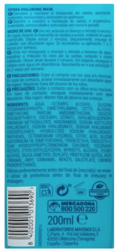 Mask Hydra Hyaluronic Conditioner 200 ml. normal to dry hair with Hyaluronic Acid, Niacinamide and Provitamin B5. Deliplus