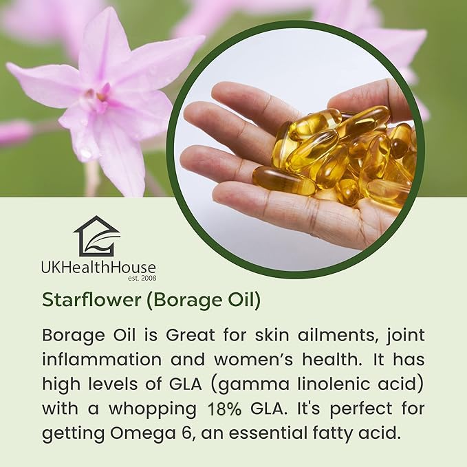 UKHealthHouse Starflower Oil Capsules 1000mg – High Strength Borage Oil with 18% GLA & Omega 6 | Cold Pressed Softgels for Women’s Health, Skin, Digestion & Hormonal Balance – 60 Capsules