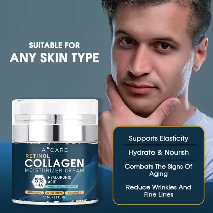 Afcare Retinol Collagen Moisturizer Cream for Men - 5% Retinol + Hyaluronic Acid, Anti-Aging Face Cream, Hydrating, Nourishing, Repairs, Smooths, Tightens, All Skin Types, 50ML.