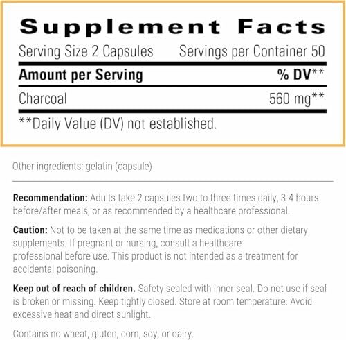 Integrative Therapeutics Activated Charcoal - Digestive & Gut Health Supplement* - Gastrointestinal Support* - Gluten-Free & Dairy-Free - 100 Capsules (50 Servings)