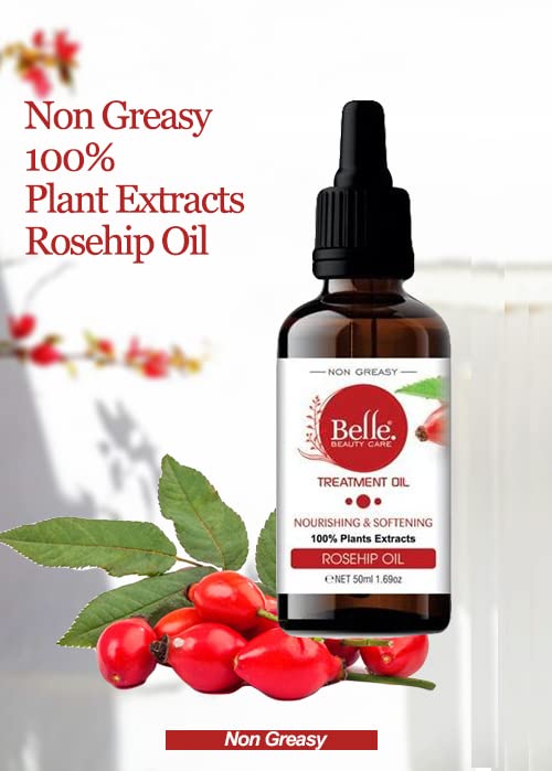 BELLE BEAUTY CARE Rosehip Oil Non Greasy Face Oil Treatment For Nourishing and Softening Skin Normal to Dry Skin 100% Pure Natural Cold Pressed Rosehip Oil 50mL1.69oz By BELLE