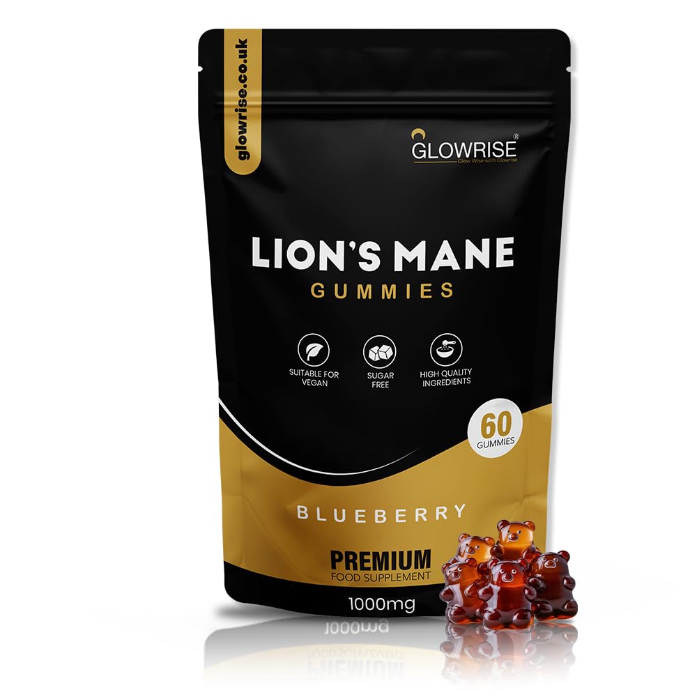 GLOWRISE Lions Mane Gummies 1000mg – Blueberry Flavor, Sugar-Free, Vegan & Halal - 60 Gummies (Two Months Supply)- (Not Powder or Capsules)