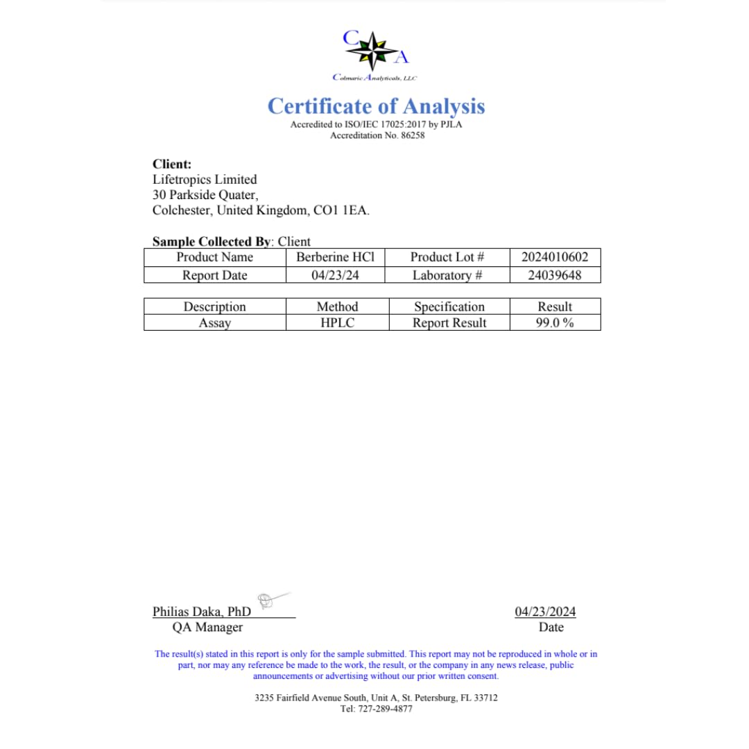 Lifetropics Pure Berberine - 500mg Berberine HCL Supplement - Lab Tested Authentic - Vegan Friendly - 60 Plant-Based Pullulan Capsules