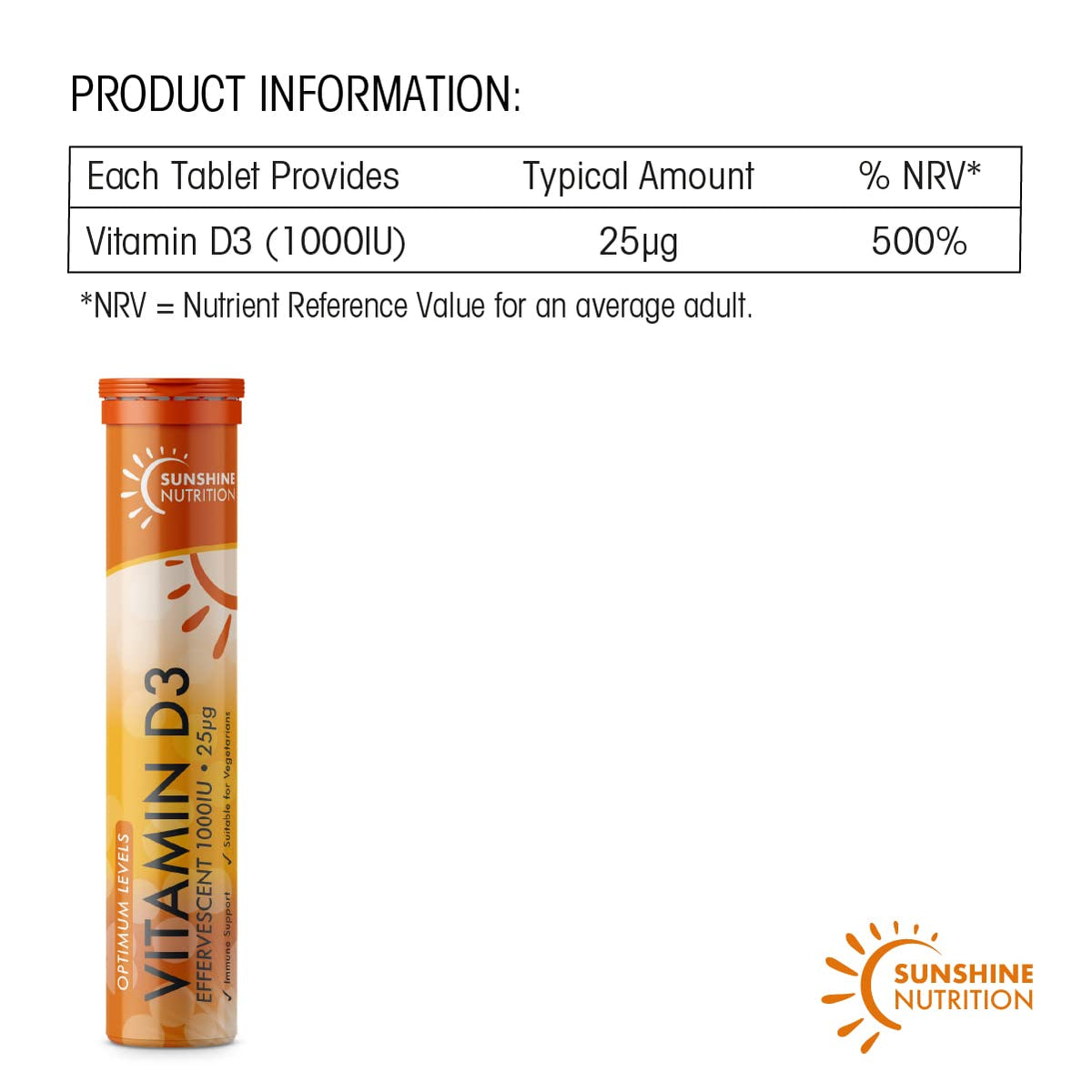Sunshine Nutrition Vitamin D Effervescent Tablets - Dissolvable High Strength Vitamin D3-20 Vitamins Per Tube (2 Pack)