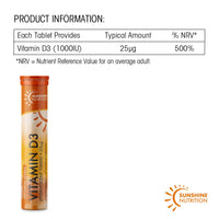 Sunshine Nutrition Vitamin D Effervescent Tablets - Dissolvable High Strength Vitamin D3-20 Vitamins Per Tube (4 Pack)