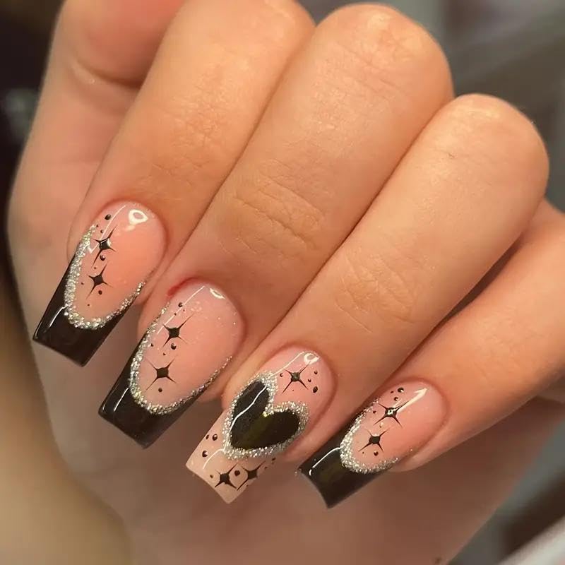 Generic Square Press-on Nails, 24 Pieces, Black French Tips with Heart Star Design, Silver Glitter Accents