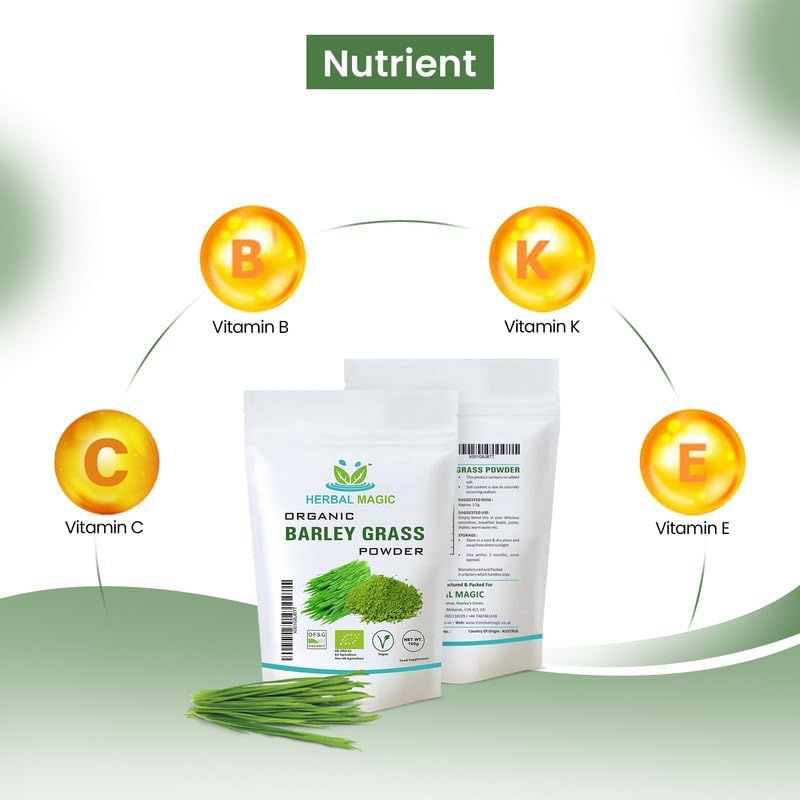 Herbal Magic Organic Barley Grass Powder, Delicious Addition for Smoothies, Milkshakes & Recipes, Natural Wholefood Ingredient, Free from Fillers & Preservatives-100g